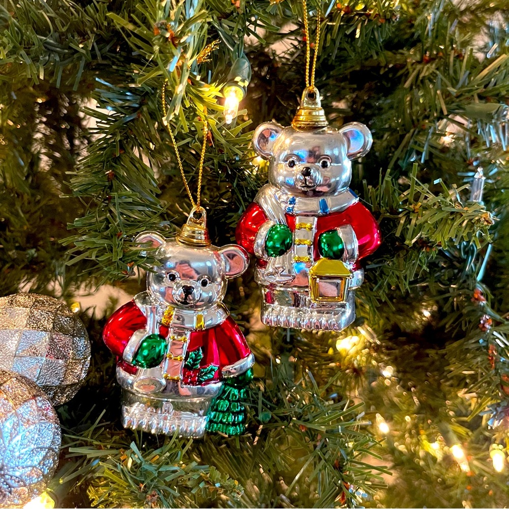 Vintage Kitsch Christmas Ornaments Plastic Set Of 2 Holiday Bears